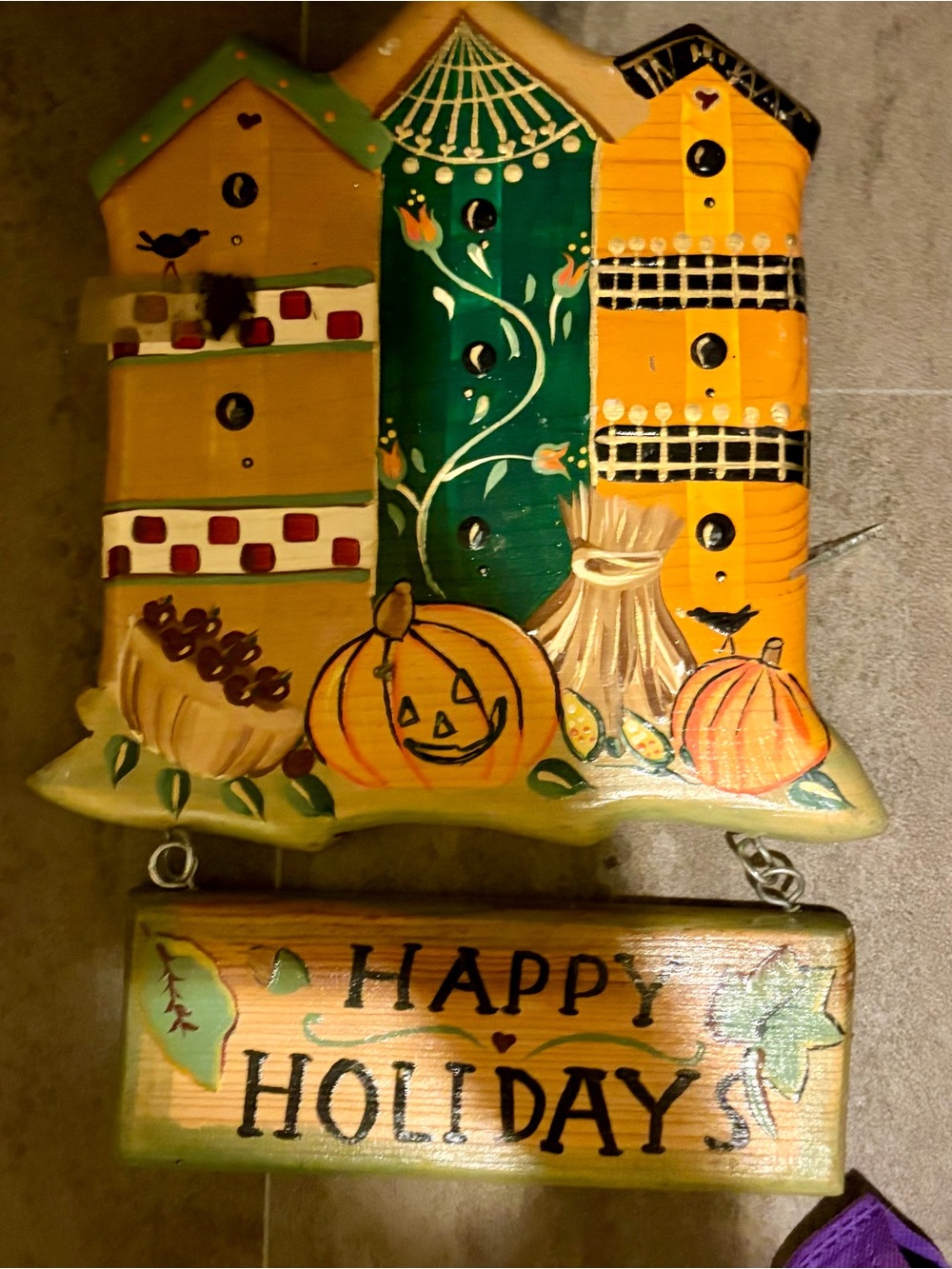 Hand-Painted Yellow & Green Holiday Wall Plaque - Happy Holidays